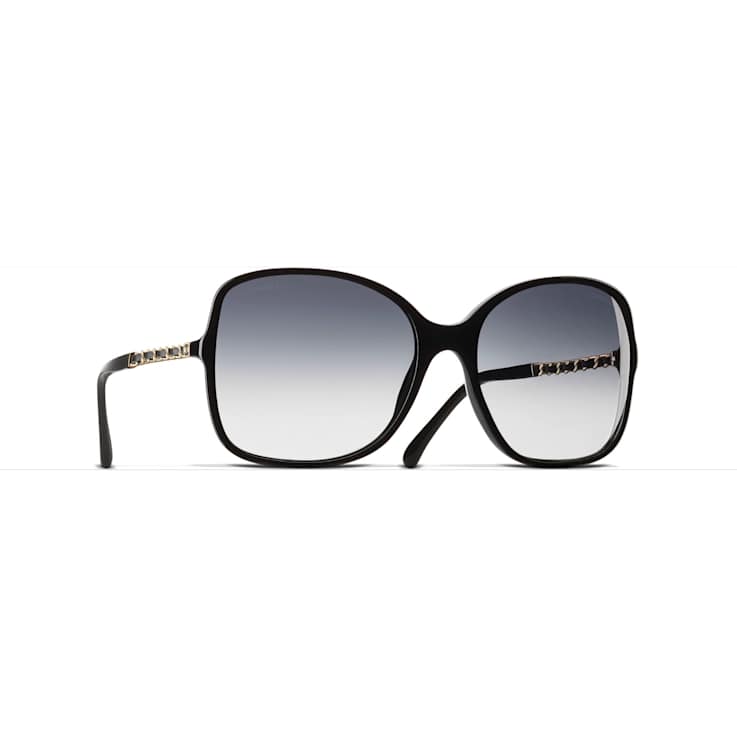 Chanel Black and Lambskin Square Frame / Gray Gradient Lenses Sunglasses