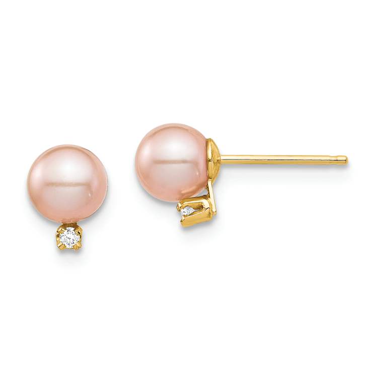 14K Yellow Gold Children's 5-6mm Pink Round Freshwater Cultured Pearl
and Diamond Stud Earrings