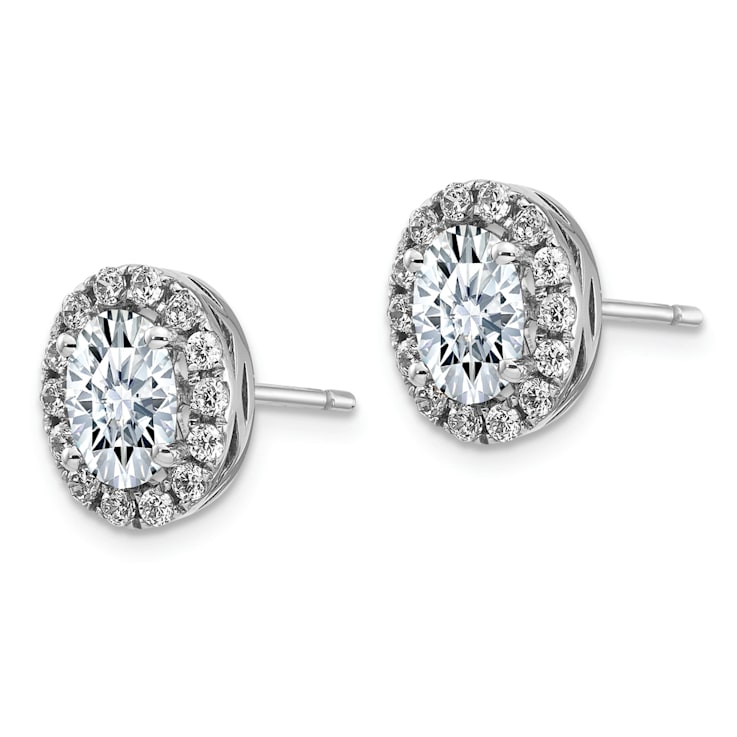 Rhodium Over 14K White Gold Oval Halo G H I True Light Moissanite Earrings