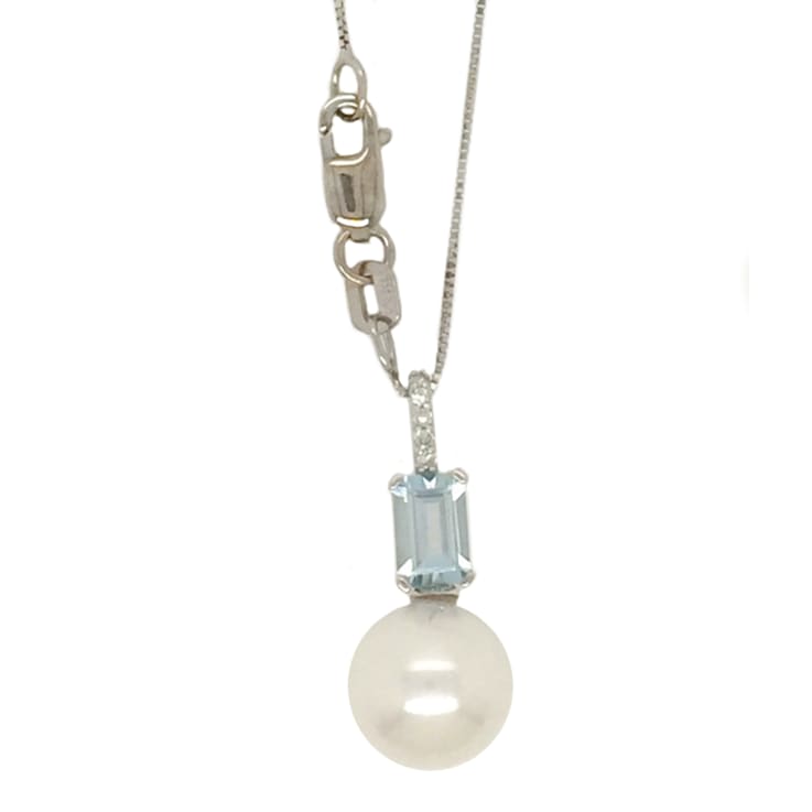 9mm Round White Freshwater Pearl, Aquamarine and Diamond Accents 14K
White Gold Pendant with Chain