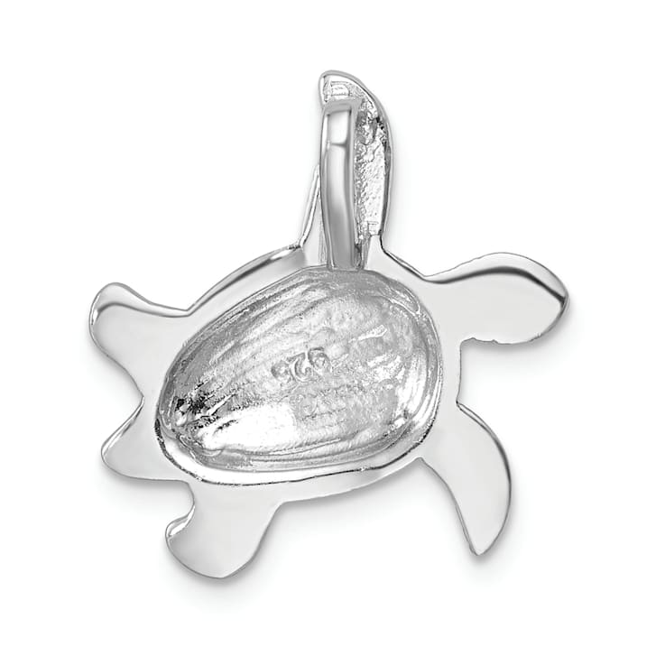 Rhodium Over Sterling Silver Enameled Swimming Turtle Chain Slide Pendant