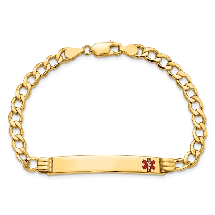 14k Yellow Gold Medical Polished Red Enamel Cuban Link ID Bracelet