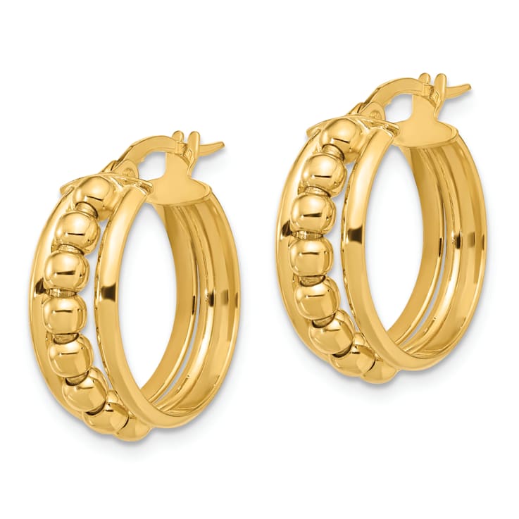 14k Yellow Gold 3/4" Polished and Beaded Hoop Earrings