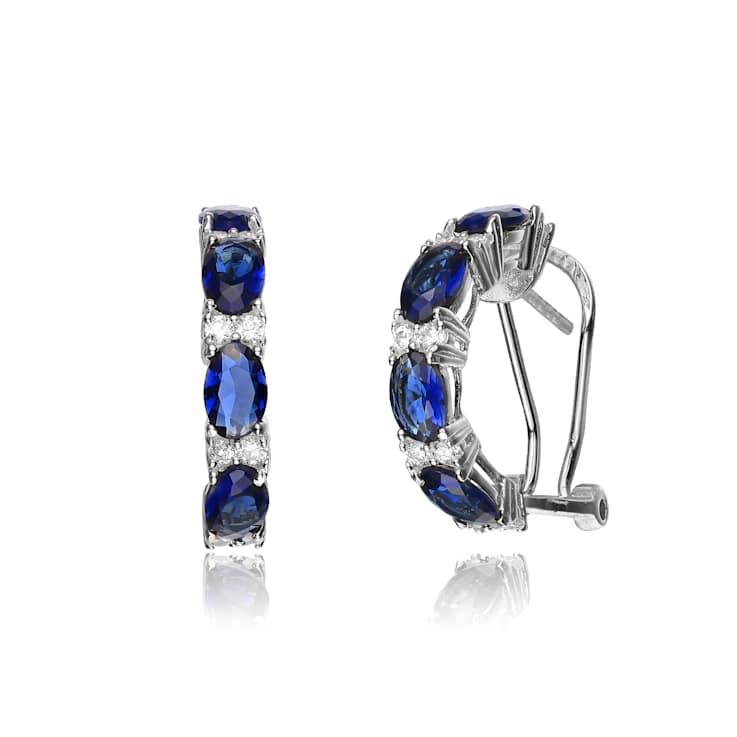 Sapphire Color CZ Half Hoop Earrings In Sterling Silver