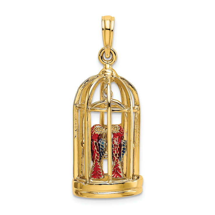 14k Yellow Gold 3D Enamel Bird Cage and Doors with 2 Birds Pendant
