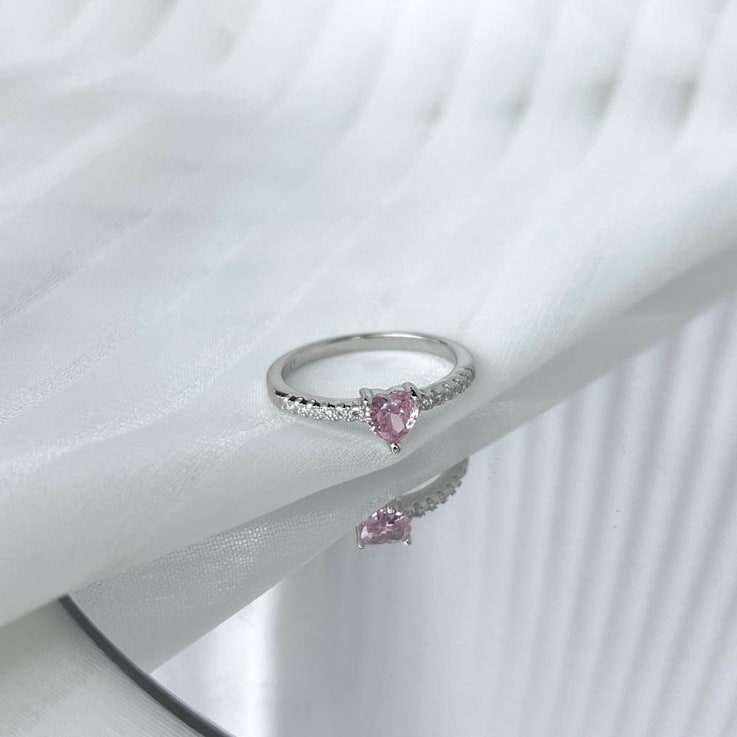 Heart Shape Pink and Round White Cubic Zirconia Accents Sterling Silver Ring
