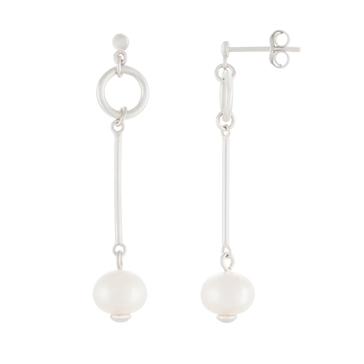 7-8mm Akoya Pearl Rhodium Over Sterling Silver Dangle Earrings