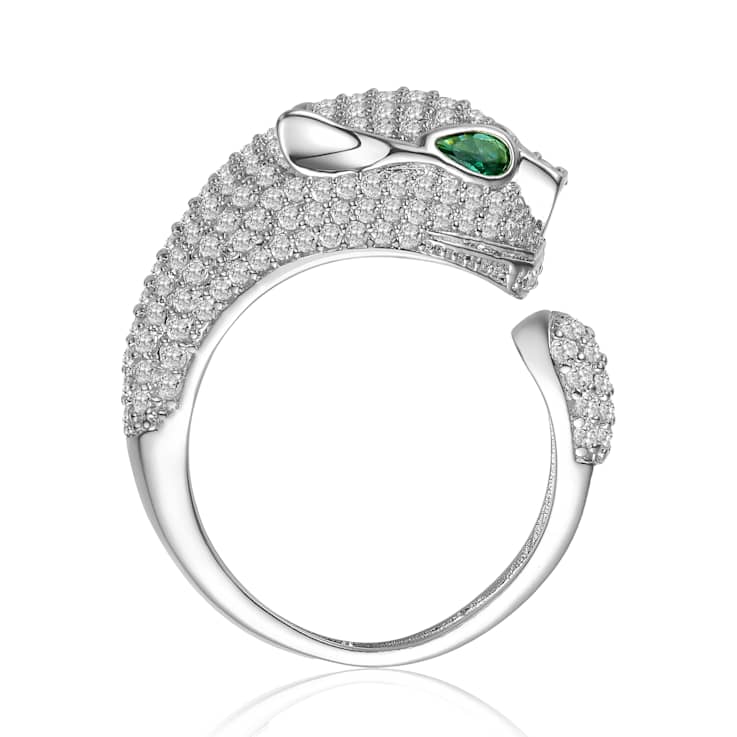 Emerald Color CZ Panther Open Design Ring In White Rhodium Over Brass