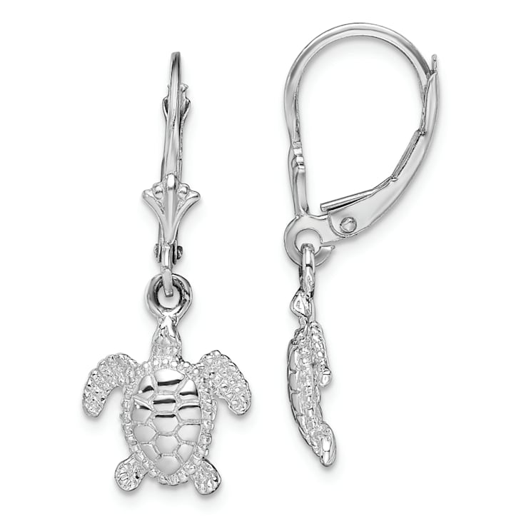Rhodium Over Sterling Silver Mini Sea Turtle Leverback Earrings