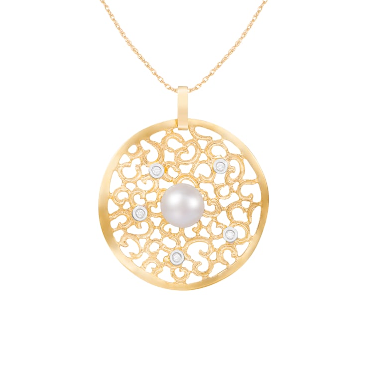 White Cultured Freshwater Pearl and Diamond 14K Yellow Gold Pendant 8-8.5mm