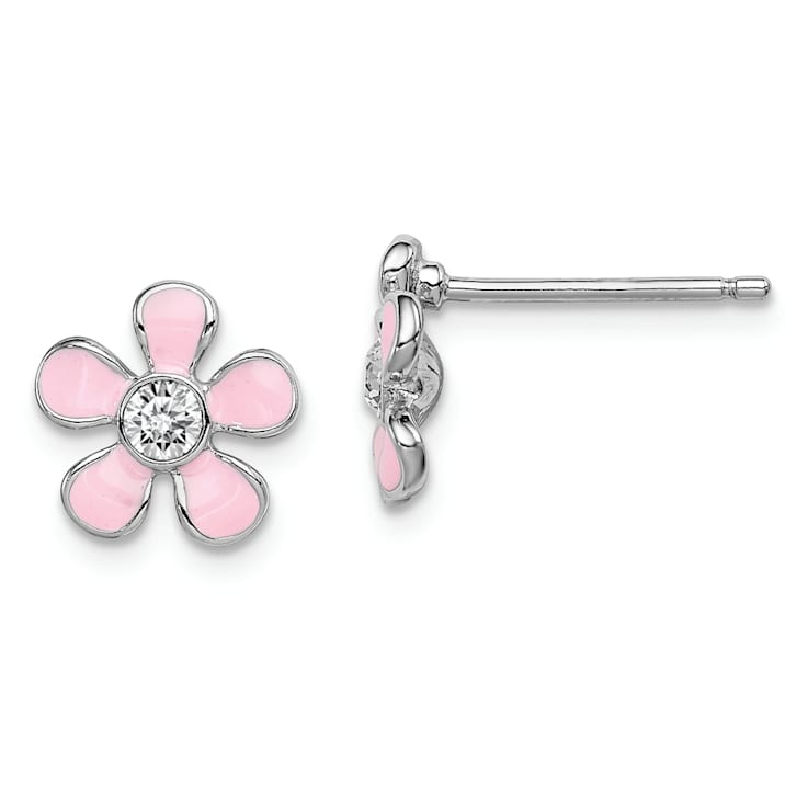 Rhodium Over Sterling Silver Pink Enamel/Crystal Flower Post Earrings