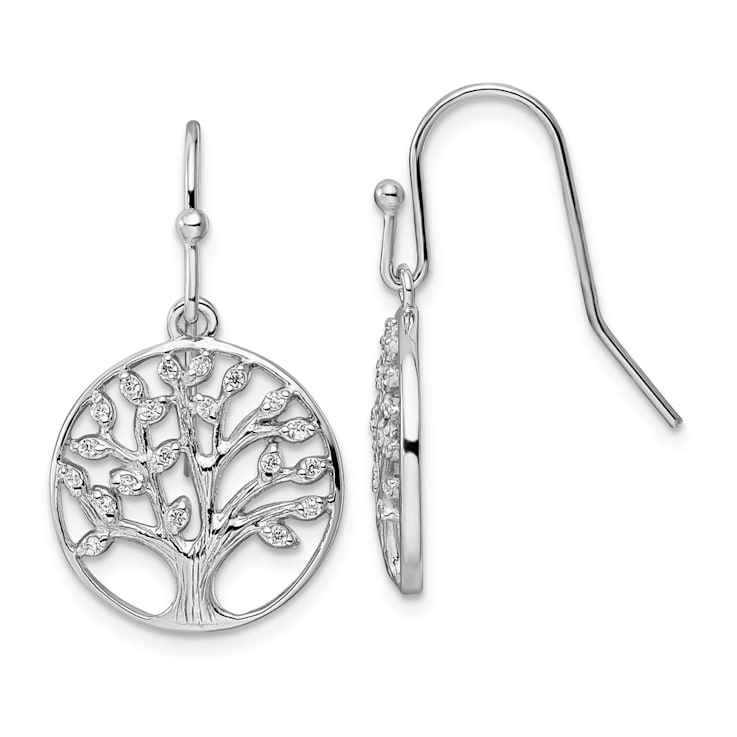 Rhodium Over Sterling Silver Polished and Textured Cubic Zirconia Tree
of Life Dangle Earrings