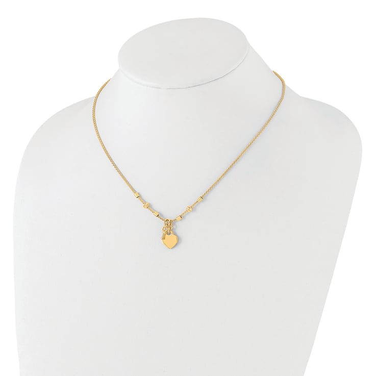 14K Yellow Gold Polished and Diamond-cut Lock and Heart Charm Necklace