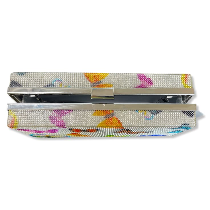 Silver Tone Clear Crystal Multi Butterfly Rhinestones Square Clutch