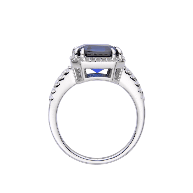 Blue Asscher Cut Lab Created Sapphire with Round White Topaz Rhodium
Over Sterling Silver Halo Ring