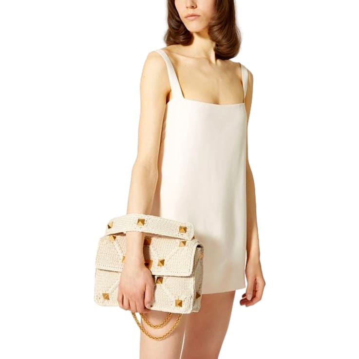 Valentino Garavani Roman Stud Large Shoulder Bag Ivory Knit