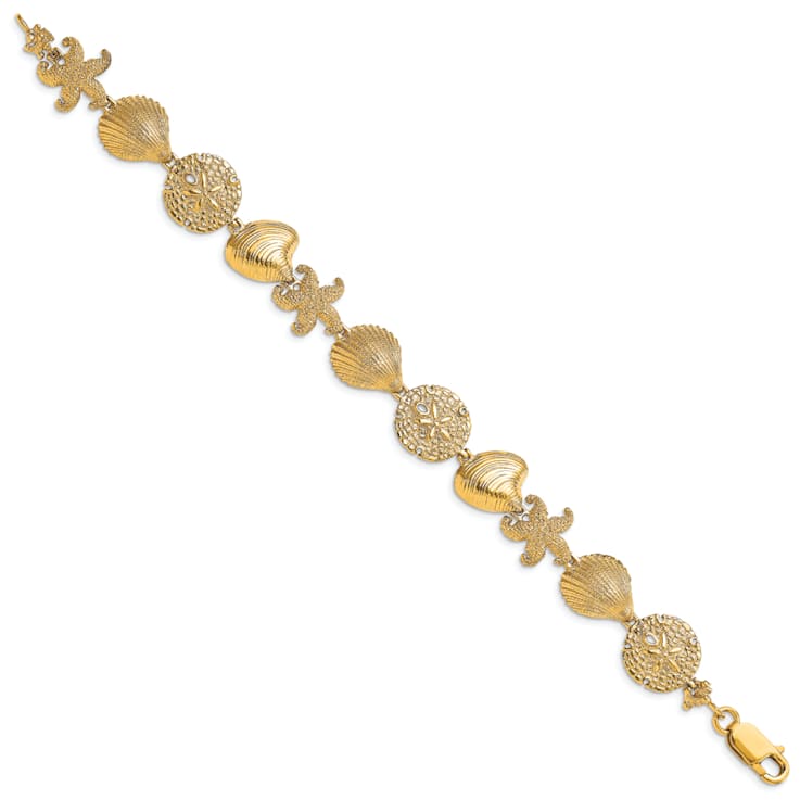 14k Yellow Gold Textured Starfish, Shell and Clam Link Bracelet