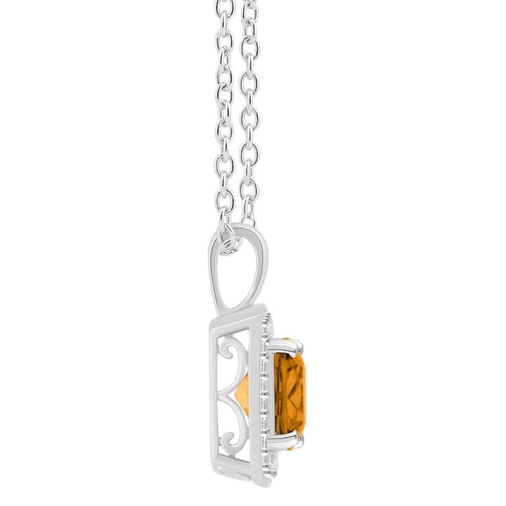 7mm Cushion Citrine 1/7 ctw Diamond Rhodium Over Sterling Silver Halo
Pendant with Chain