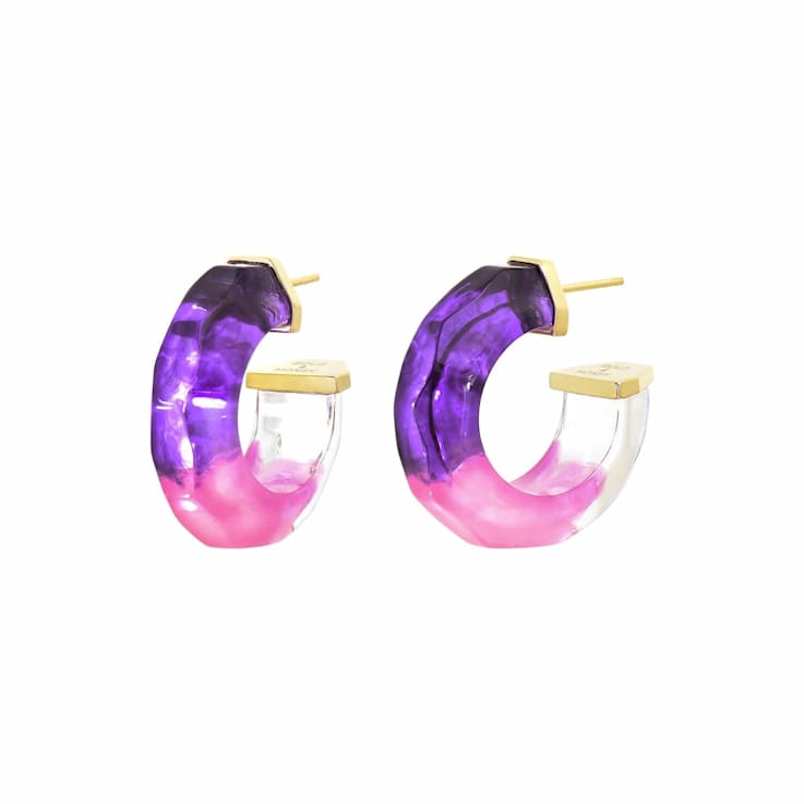 14K Yellow Gold Over Sterling Silver Purple and Pink Faceted Acrylic Huggies