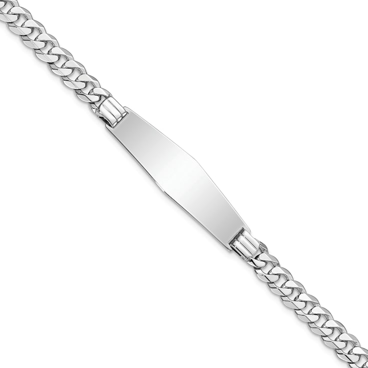 Rhodium Over 14k White Gold Flat Curb Link Soft Diamond Shape ID Bracelet