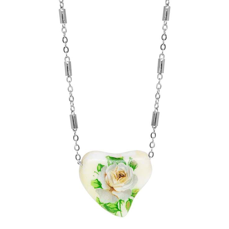 White Base Metal Porcelain Shaped Heart White Rose Necklace 15" Adj.
