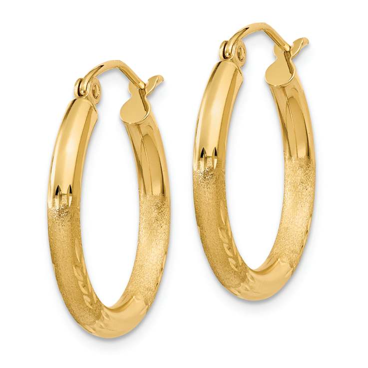 14k Yellow Gold Satin and Diamond-cut 13/16" Round Hoop Earrings