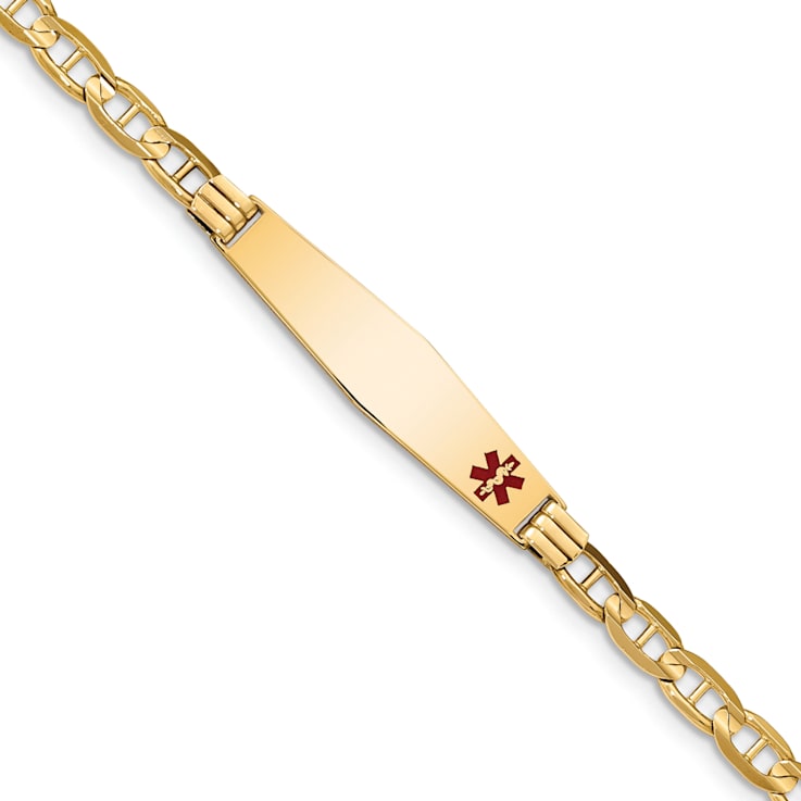 14k Yellow Gold Medical Soft Diamond Shape Red Enamel Mariner Link ID Bracelet