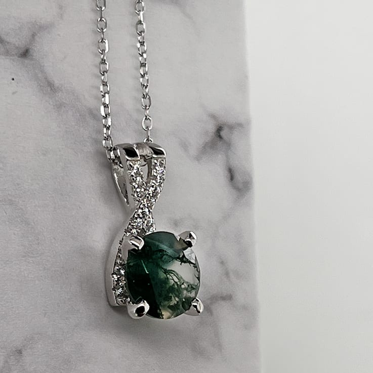 Green Moss Agate with Cubic Zirconia Accents Rhodium Over Sterling
Silver Necklace