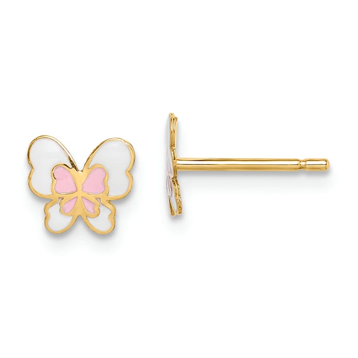 14K Yellow Gold Enamel Butterfly Post Earrings