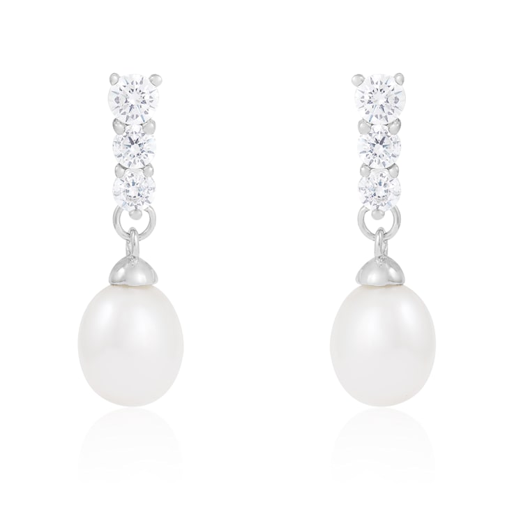 7-8mm White Cultured Freshwater Pearl and Cubic Zirconia Rhodium Over
Sterling Silver Earrings