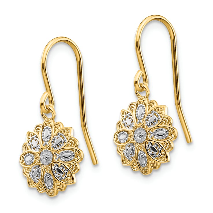 14k Yellow Gold and Rhodium Over 14k Yellow Gold Diamond-Cut Polished
Fancy Dangle Earrings