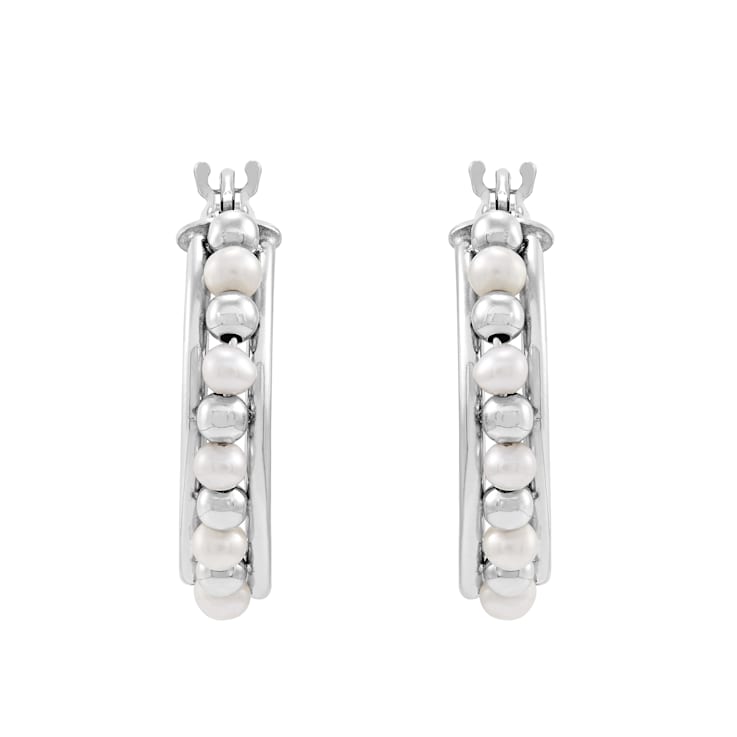 3-3.5mm Round White Freshwater Pearl and Sterling Silver Beaded Hoop Earrings