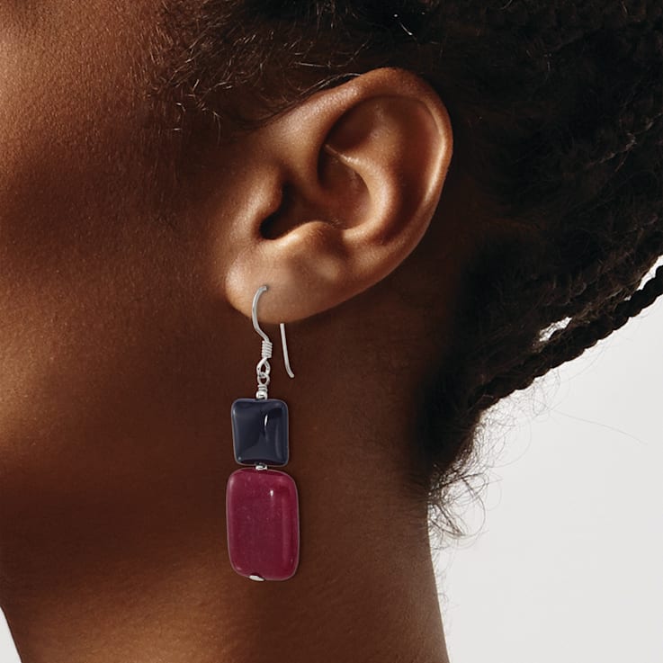 Sterling Silver Polished Black Agate and Red Jadeite Dangle Earrings
