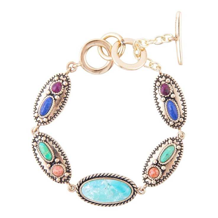 Barse Jewelry Multi-Gemstone Gold Tone Concho  Link Bracelet