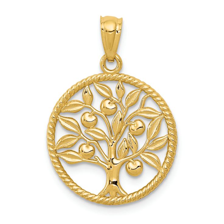 14k Yellow Gold Polished and Textured Tree of Life in Round Pendant
