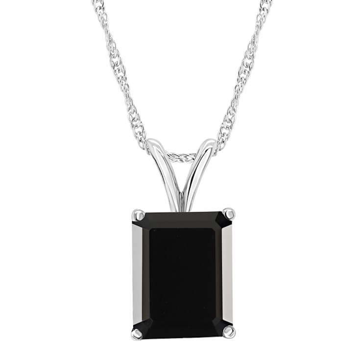 10x8mm Emerald Cut Black Onyx Rhodium Over Sterling Silver Pendant With Chain