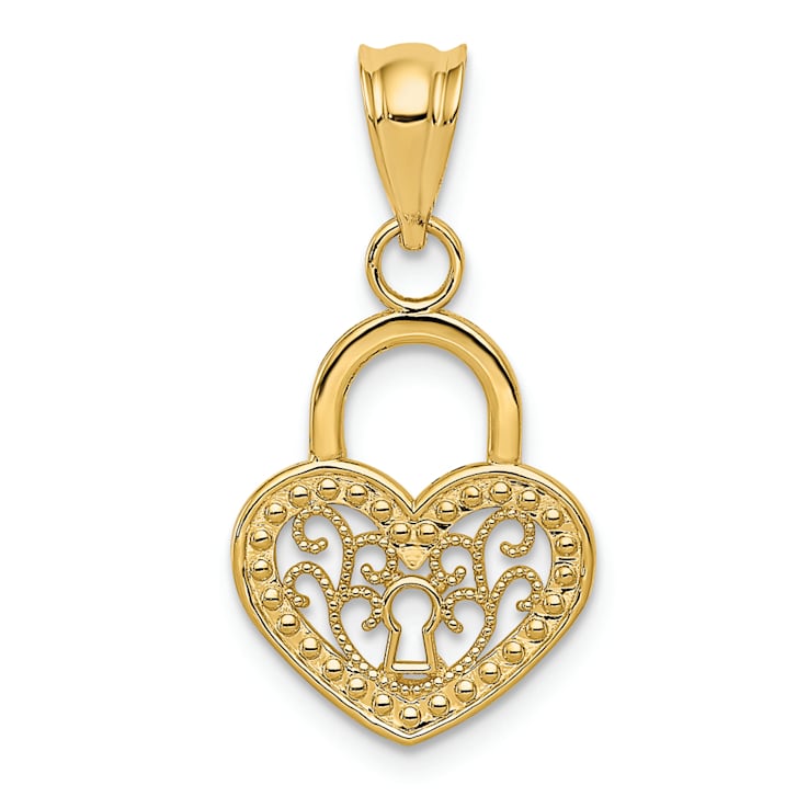 14K Yellow Gold Polished Filigree Heart Lock Charm