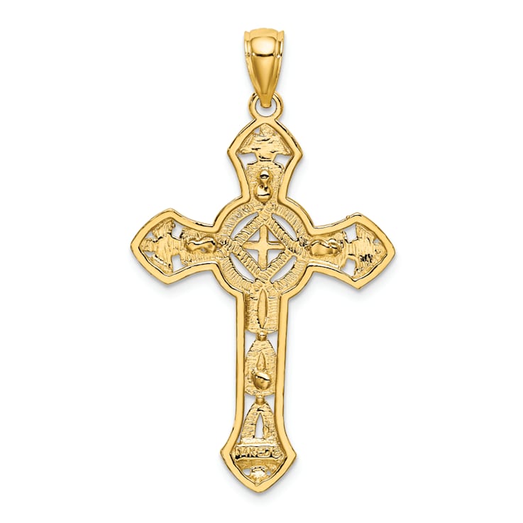 14k Yellow Gold Textured Cut-Out Floral Cross Pendant