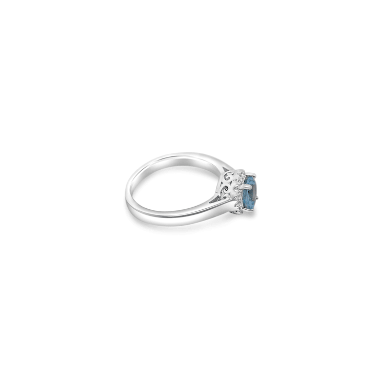 6mm Round Aqumarine and White CZ Rhodium Over Sterling Silver Ring , 0.73ctw