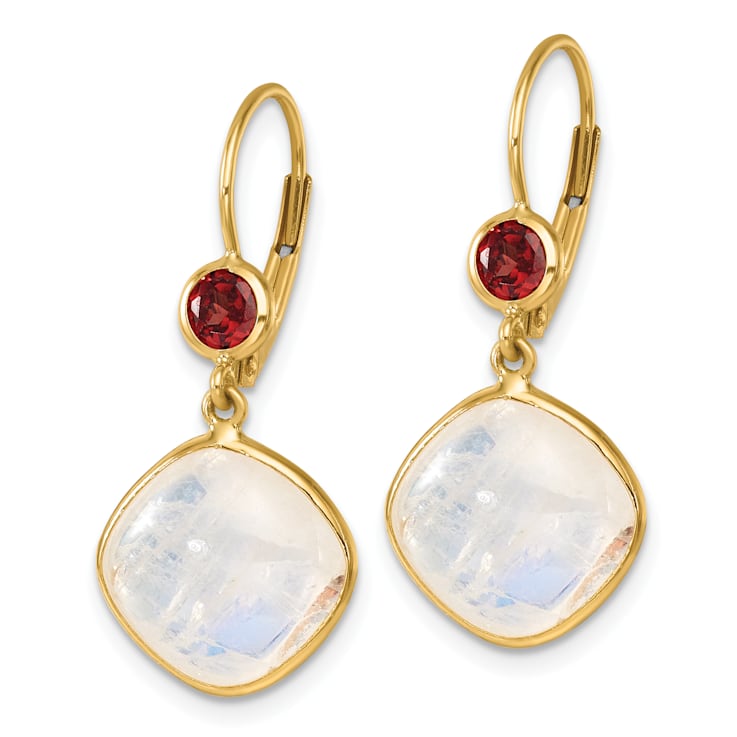 14K Yellow Gold Garnet and Moonstone Leverback Dangle Earrings