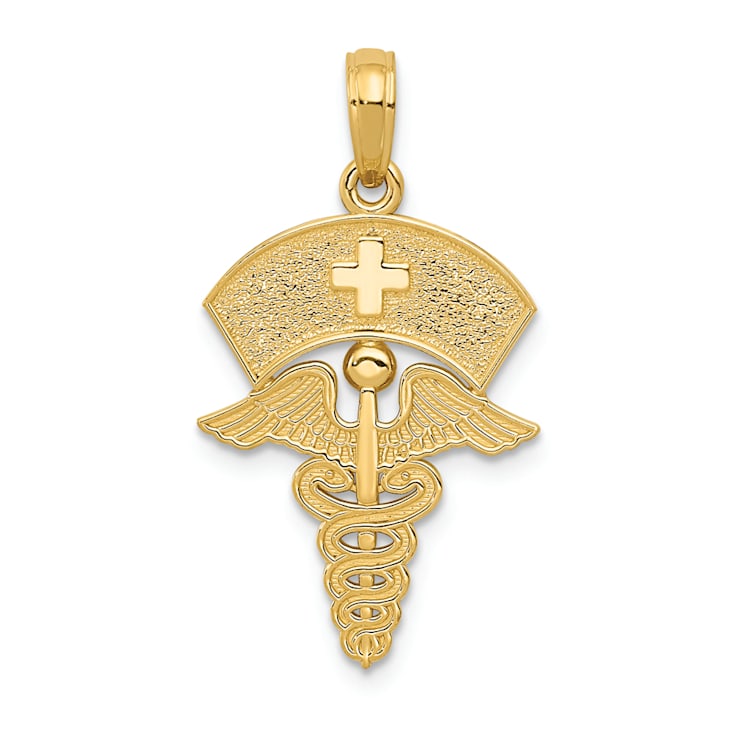 14k Yellow Gold Textured Caduceus with Nurses Cap Pendant