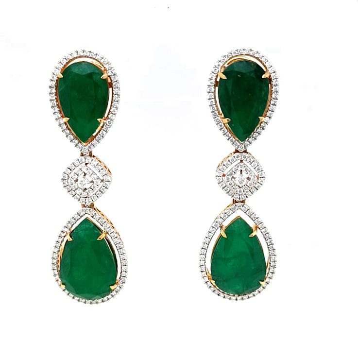 44.00 Ctw Emerald and 2.20 Ctw White Diamond Earring in 18K 2-Tone