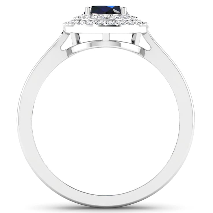 1.06ctw Blue Sapphire and Diamond 14K White Gold Halo Ring