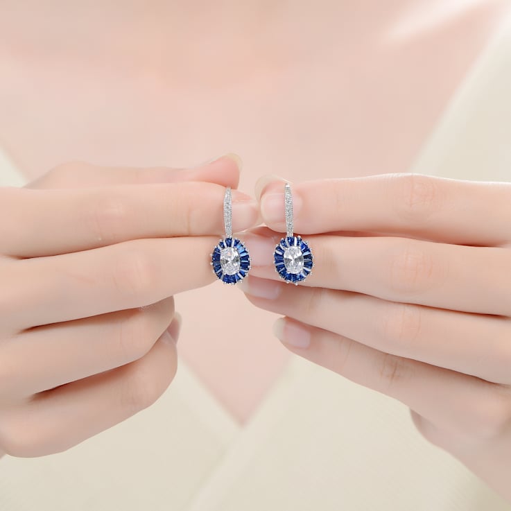 Sapphire Color CZ Halo Drop Earrings In Sterling Silver