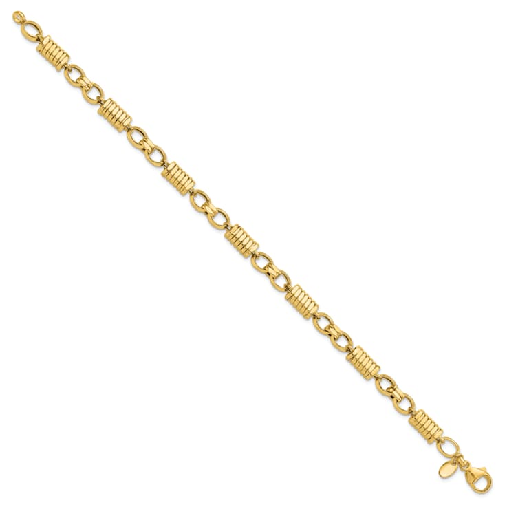 14K Yellow Gold Polished and Grooved Fancy Link Men's Bracelet