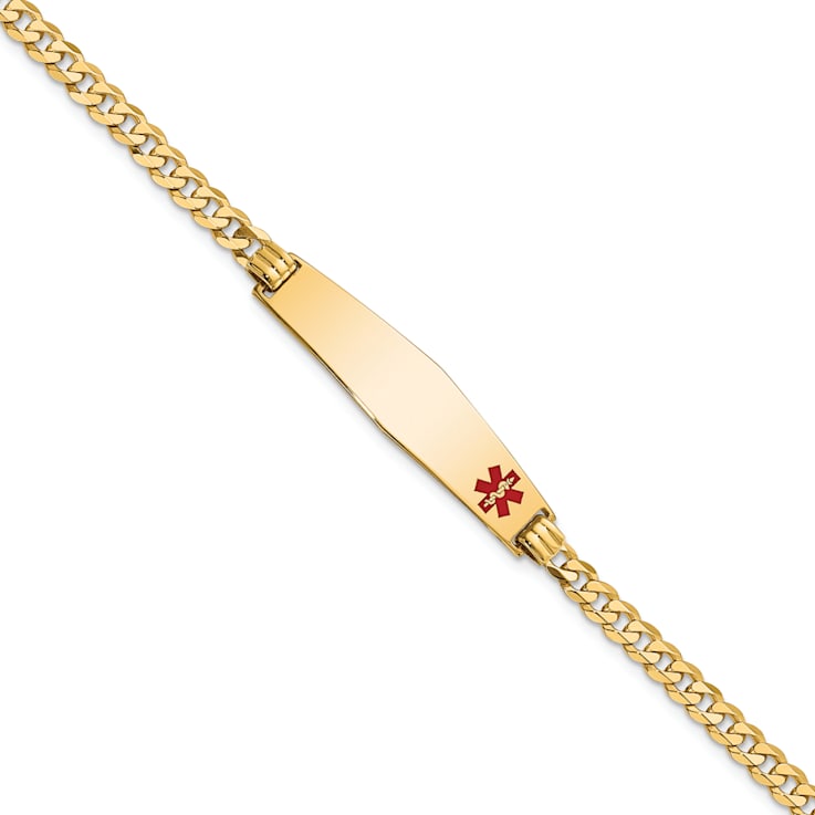 14k Yellow Gold Medical Soft Diamond Shape Red Enamel Flat Curb Link ID Bracelet
