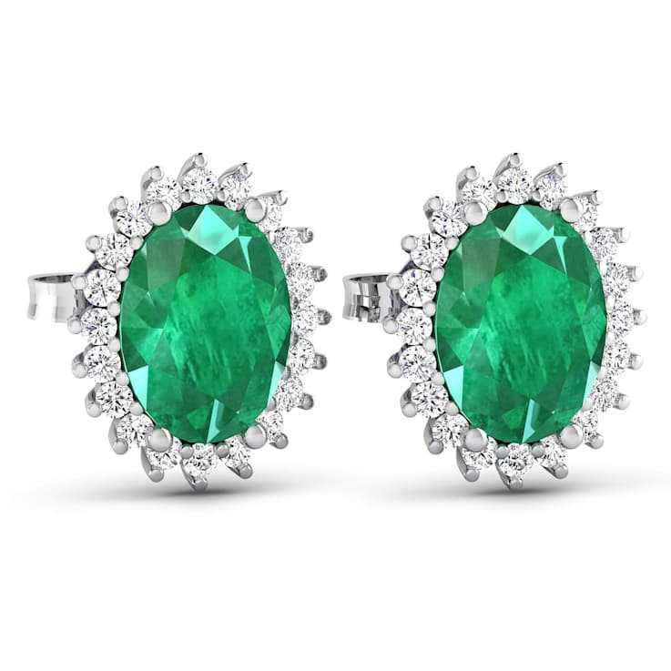 2.0ctw 14K White Gold  Zambian Green Emerald and White Diamond Halo Earrings