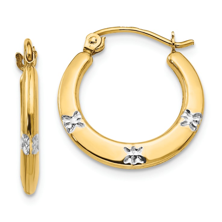 14K Yellow Gold with Rhodium Flowers Hollow Hoop Earrings