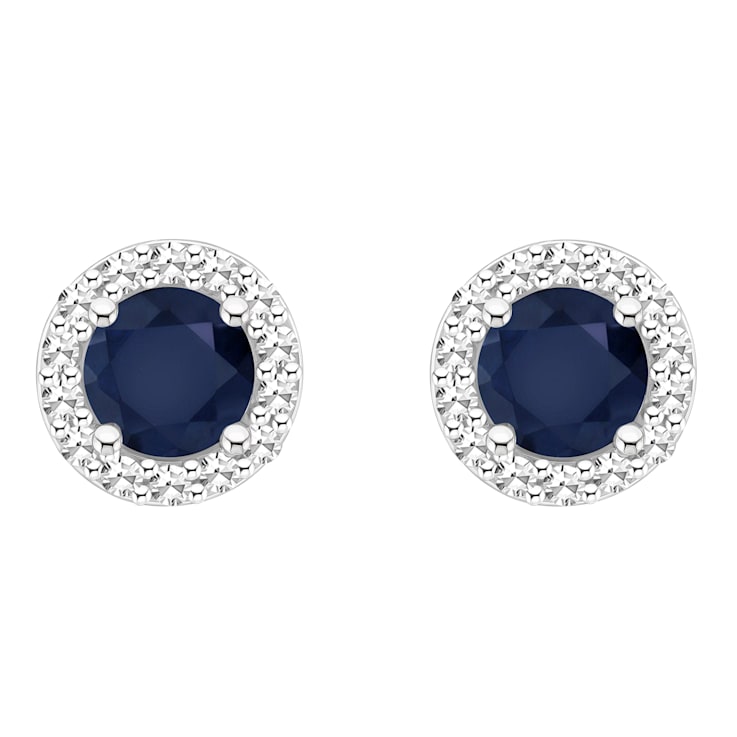 4mm Round Sapphire 1/8 ctw Diamond Rhodium Over Sterling Silver Halo
Stud Earrings