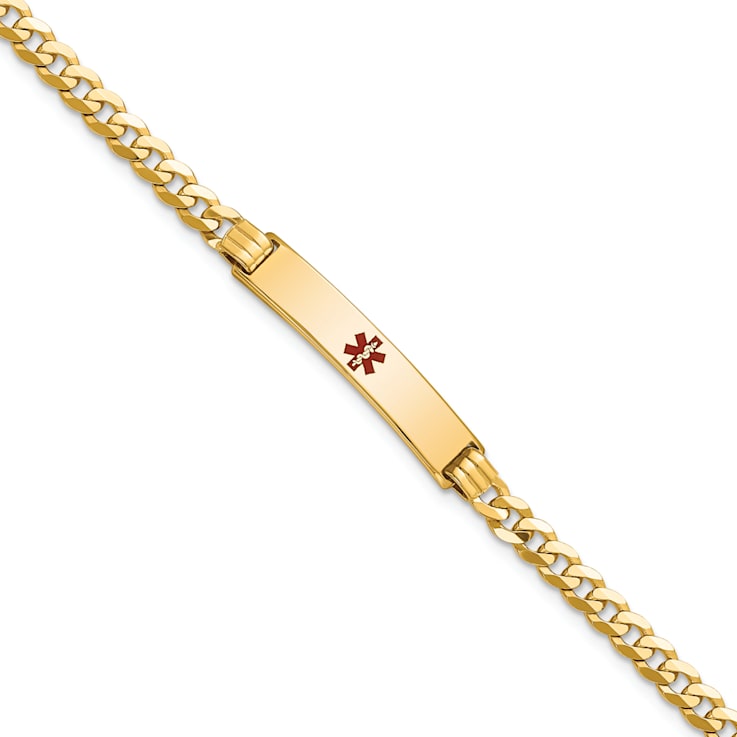 14k Yellow Gold Medical Red Enamel Curb Link ID Bracelet